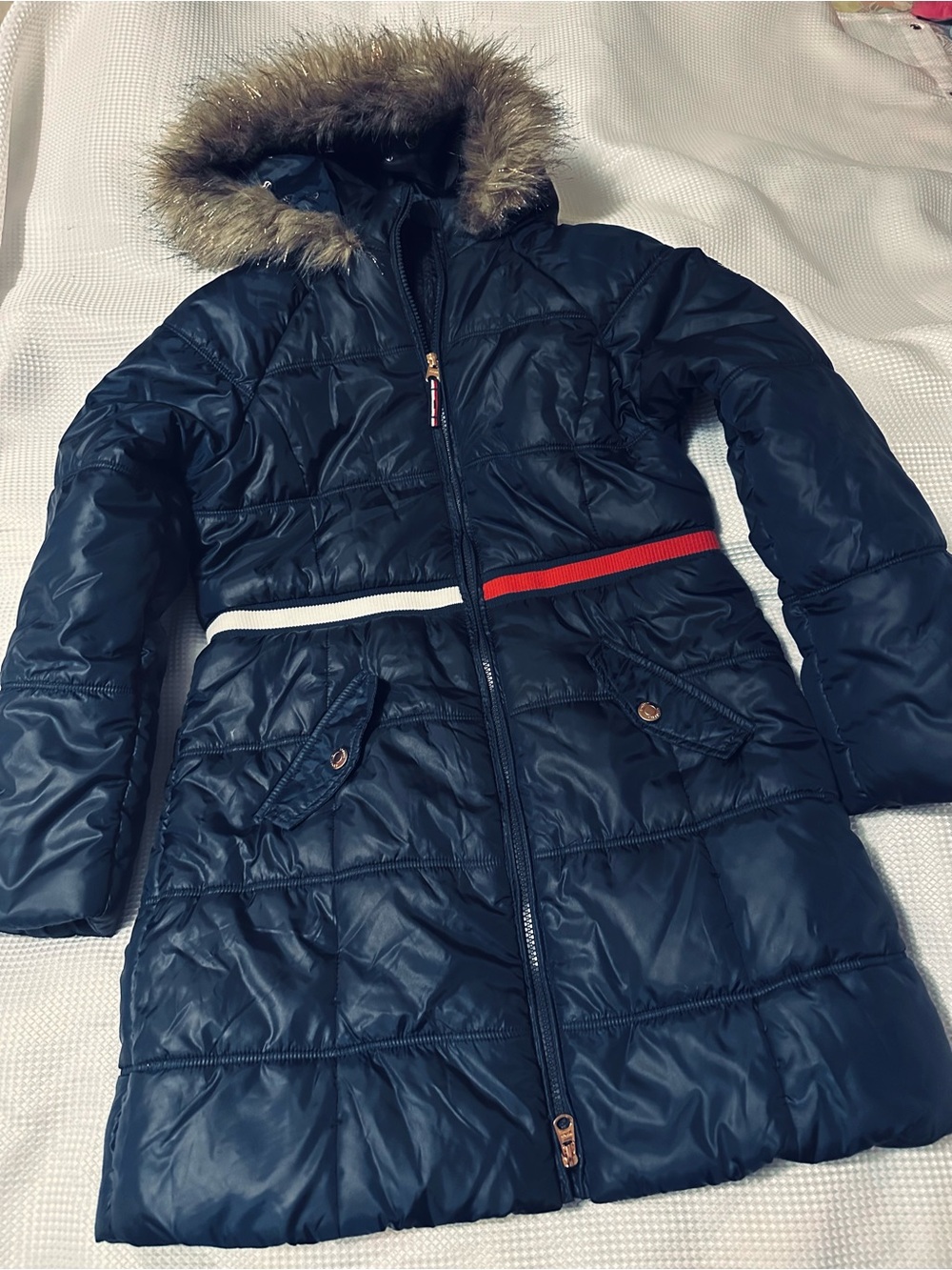 Tommy Hilfiger Navy Quilted Puffer Coat with Faux-Fur Hood